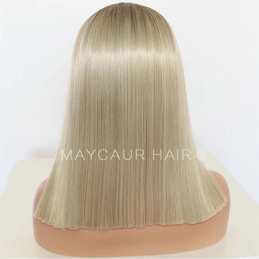 Maycaur Natural Black Blonde Ombre Color Synthetic Lace Front Wigs Short Cut Bob Wig Glueless Straight Hair (6)