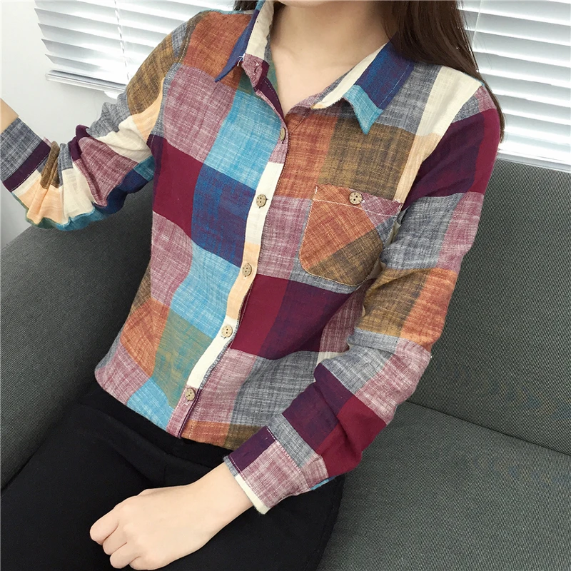

2019 Casual Plaid Women Blouses Kimono Vintage Linen Cotton Long Sleeve Blouse Female Shirts Tops Camisa Feminina Chemise Femme