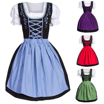 

Women Oktoberfest Cosplay German Beer Maid Costume Halloween Waitress Maid Costume Blue Pink Purple Dress For Lady Plus Size 5XL