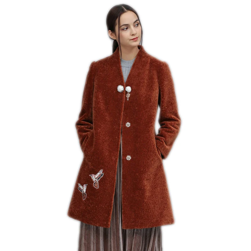 Mujer Qazxsw Cachemire Vraie Wine Lh1285 Laine De Broderie Hiver Manteau Nouveau Femmes Oiseaux Mode Vestes Fourrure Abrigos Red 2019 SSxqwRZg