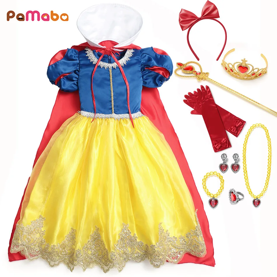 

PaMaBa Snow White Movie Costume for Girls Pretend to Be Princess Cosplay Make up Kids Tea-Length Party Dress Kids Novelty Frock