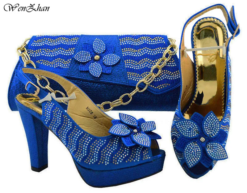 WENZHAN European Design Royalbue Color High Heels Shoes With Party Bag New Fashion Italian Woman Shoes And Bag Sets B84-10 WENZHAN European Design Royalbue Color High Heels Shoes With Party Bag New Fashion Italian Woman Shoes And Bag Sets B84-10