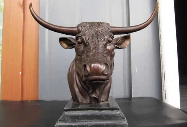 

S0195 9 Western classic Bronze Copper & Marble Bull Ox bossy bossy neat Head Statue D0318