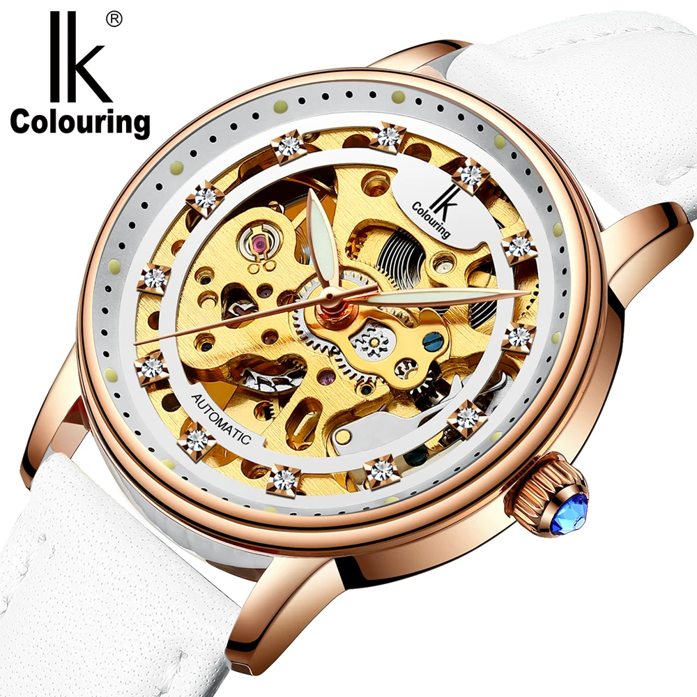 IK coloring Reloj Mujer Розовое Золото Скелет автоматические механические Роскошные Кристальные кожаный ремешок женские наручные часы