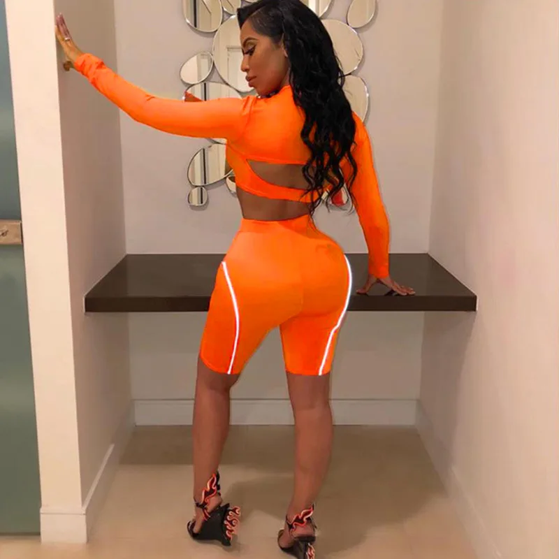 BOOFEENAA اثنين قطعة مجموعة شريط عاكس الجوف مشبك المحاصيل أعلى و السائق السراويل اللياقة البدنية الرياضية بدلة رياضية النساء C87-AD66