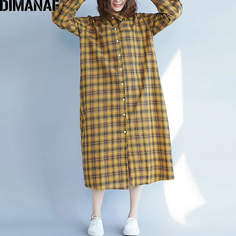  DIMANAF Women's Clothing Female Blouse Shirts Long Sleeve Linen Vintage Plus Size Ladies Tops Plaid