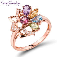 Colorful Tourmaline, Peridot, Amethyst, Topaz Ring Real 14K Rose Gold Natural Diamond Beautiful Jewelry for Girl