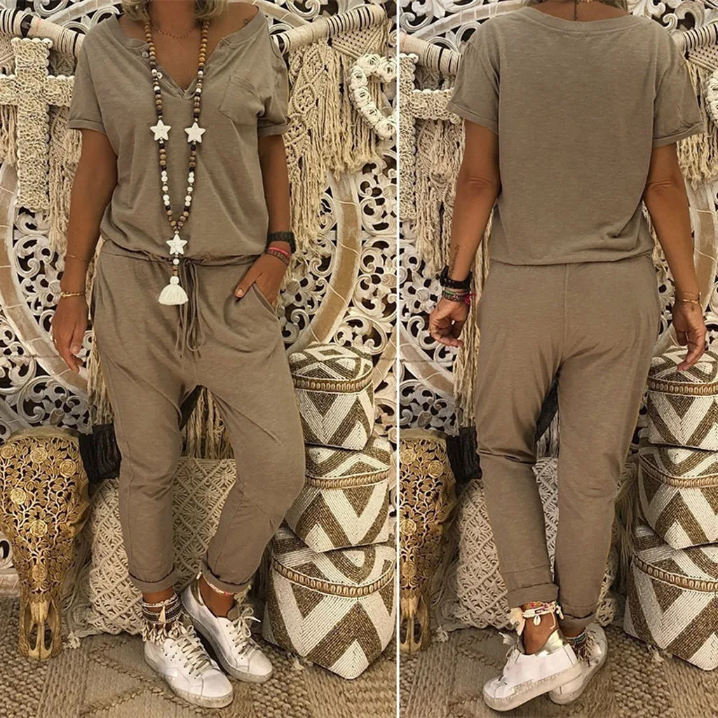 

Casual Solid Vintage jumpsuits women xxxl Women V-neck Jumpsuit Loose Long Pants Plus Size Casual Rompers with Pockets XXXXXL