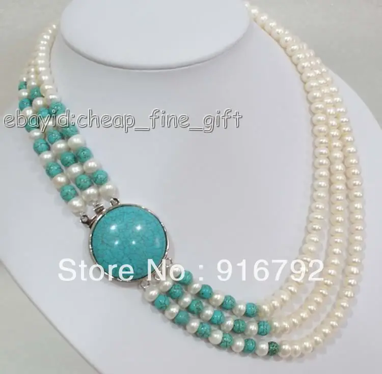 

Free shipping@@@@@ free P&P *****3 Rows Abacus Freshwater Pearl & Turqoise Necklace &aa **A good