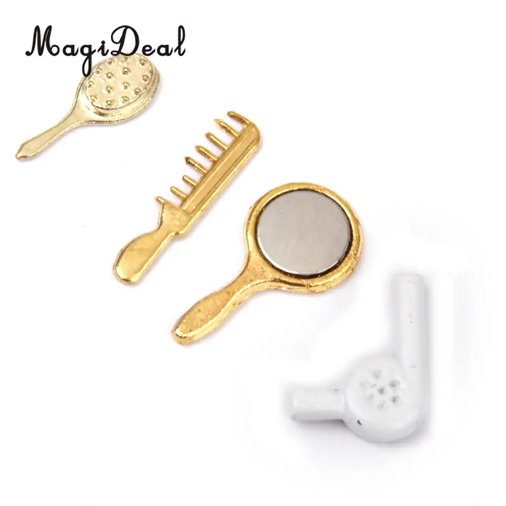 MagiDeal 4Pcs/Set 1/12 Dollhouse Miniature Comb Hair Dryer Mirror for Dolls Bathroom Accessories Children Toys