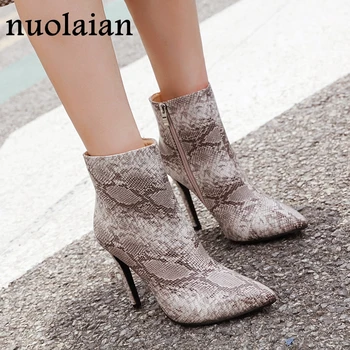 

10.5CM High Heel Winter Shoes Women Snake Leather Ankle Boots Woman High Heels Motorcycle Boots Dress Shoe Womens Snow Boot