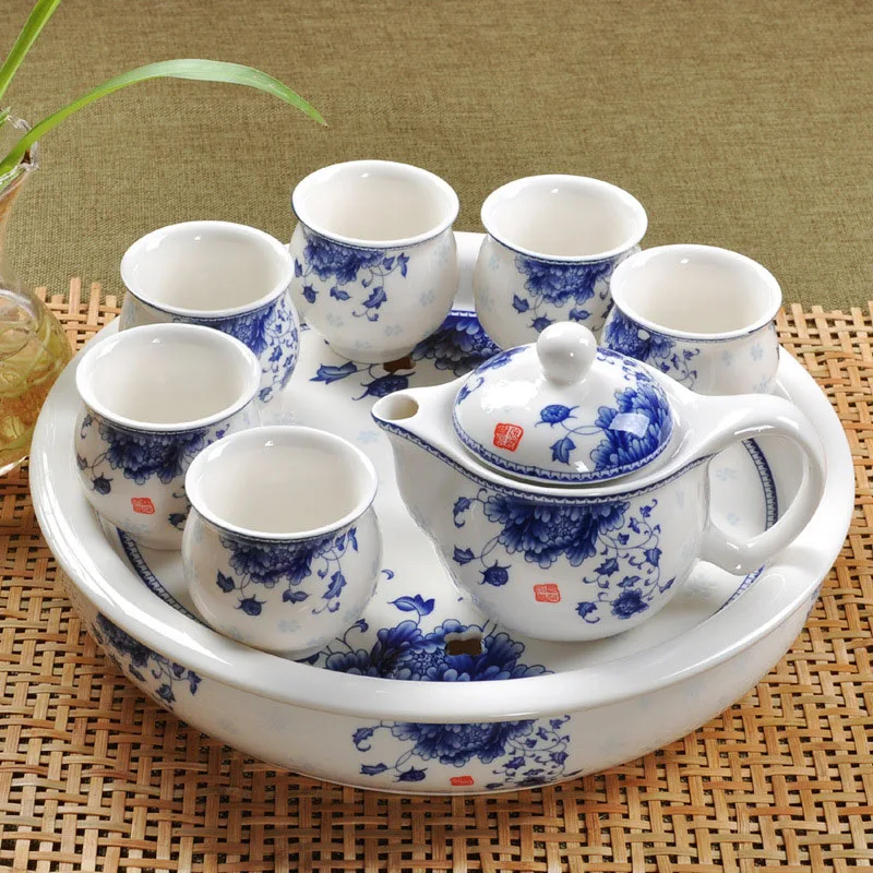 

Fathers Day Gift Idea Kungfu Tea Set High Quality Exquisite Pattern 9 Pieces a Set Of Tea Cups and Tea Tray Bone China Tea Set
