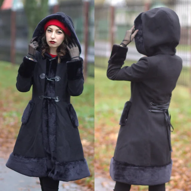 2019 Coat Black Flocking Women Winter Goth Trench