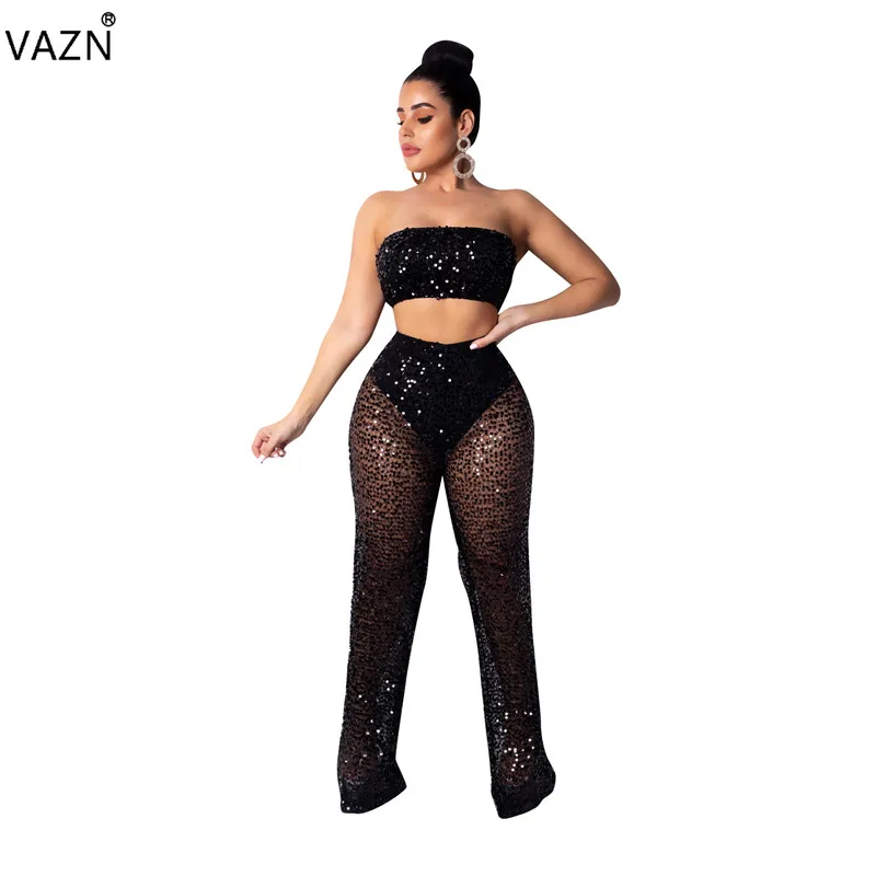 

VAZN New Sexy Novelty Design Hollow Out 2019 Women 2 Piece Women Set Solid Sequined Strapless Full Length Lady Slim Set CM290