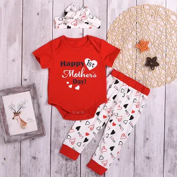 

Mother's Day Baby Girl Clothes Letter Print Bodysuit+Casual Elastic Long Pants+Kawaii Headband Set одежда для новорожденных