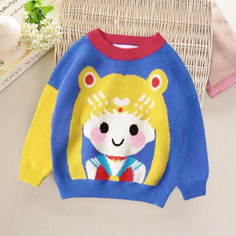 Свитера для мальчиков трикотажная одежда для девочки с рисунком из мультфильма; джемпер; сезон осень-зима; вязаный пуловер с рисунком Сейлор Мун; теплая верхняя одежда с круглым вырезом; 2-6T - Цвет: Sailor Moon