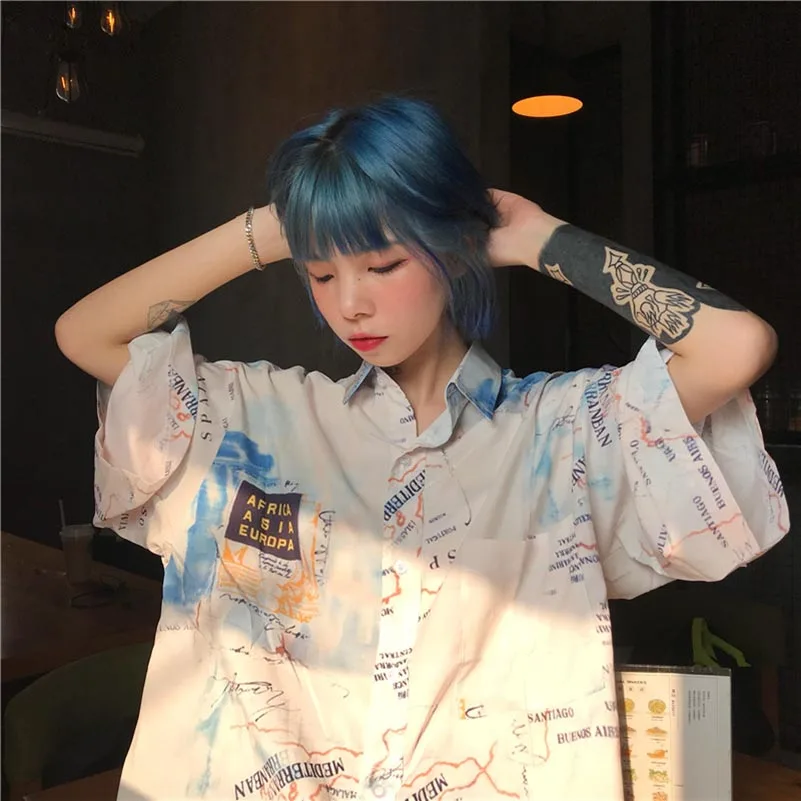  NiceMix Summer Harajuku Blouse Short Sleeve Womens Shirt Digtal Print Map Tops And Blouses Casual B