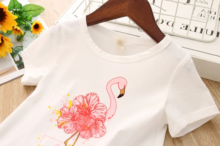 Комплект летней одежды для девочек, детская одежда футболка с изображением фламинго+ кружевная юбка одежда для маленьких детей милый комплект одежды для детей