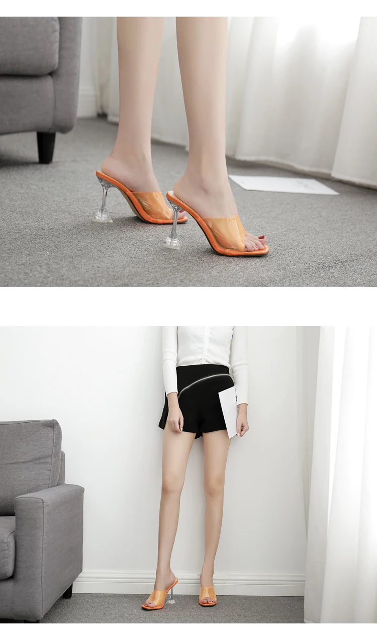 Aneikeh New Summer Rome PVC Transparent Slippers Women's Shoes Open Toe Clear Thin High Heel Crystal Orange Apricot Silver