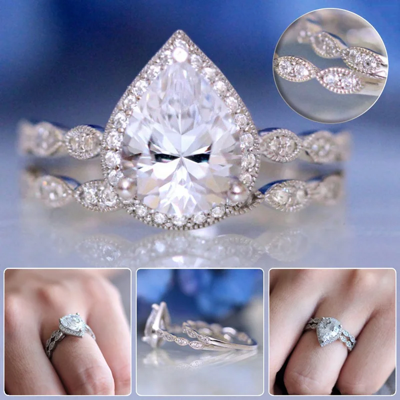 Obligation Silver Double Engagement Wedding Band Rings Pair Silver Oval zircon Ring Set For Women Bridal Jewelry