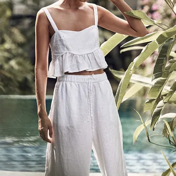 

Women Sexy Spaghetti Strap Two Piece Set Solid Straps Crop Top And Wide Leg Pants Slim Suits Sleeveless Summer Casual Outfits