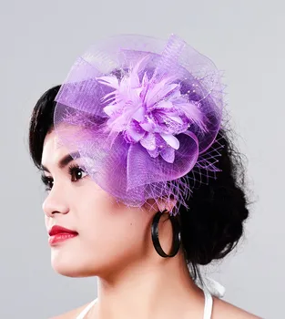 

Women Fancy Feather Fascinator Hat purple Wedding Hats and Fascinators White Net Hair Accessories for Bridal Woman Free shipping