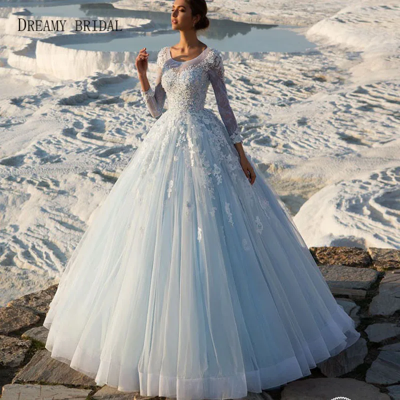 Sky Blue Vestido De Novia Scooped 3/4 Sleeves Wedding Dresses Ball Gown