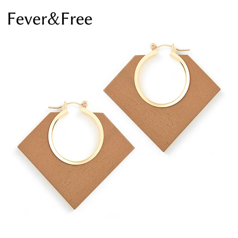 

Fever&Free New Fashion Geometry Wood Women's Earrings Bohemian Handmade Square Wooden Hoop Earring Gift Vintage Jewelry