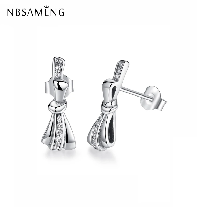 

New 2018 Original 100% 925 Sterling Silver Stud Earrings Brilliant Bows Earings Clear CZ Women Fashion Gift Jewelry