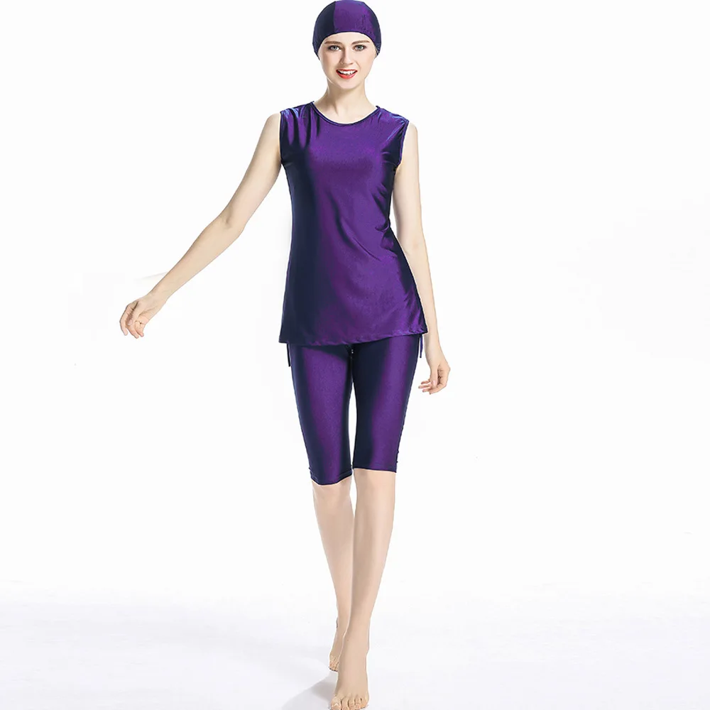 BAILUNMA мусульманские купальники для женщин Burkinis скромная одежда мусульманские женские консервативные сплошной цвет жилет брюки купальник M037 - Цвет: Purple