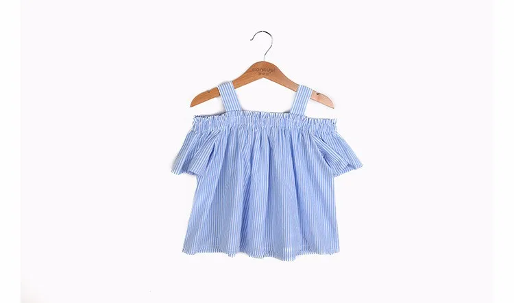 blue striped baby teenage girls shirts princess off shoulder loose cute teenage shirts Korean style spring summer autumn tops (14) - 