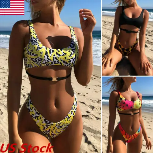 Womens Summer 3 Color Sexy Padded Button Bra Bikini Swimsuit Bandage Push-up Swimwear Set Bathing Printing Beachsuit | Спорт и