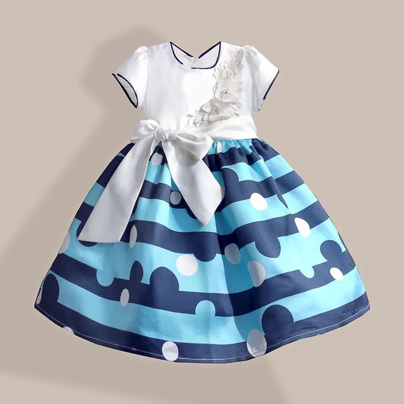 

Silk Belt Blue Striped Girl Dress Polka Dot Print Wedding Dress White Flower Girls Clothes size 3-8T robe fille enfant