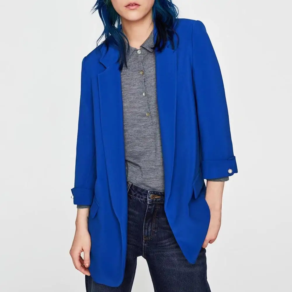 

Women basic notched collar solid blue blazer beading pearl pockets female retro casual outwear chic tops