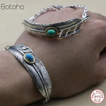 Винтажный Индийский стиль Твердое Серебро 925 браслет для мужчин и женщин перо синий камень чистое серебро 925 пробы Топ Модный Браслет из цепочки