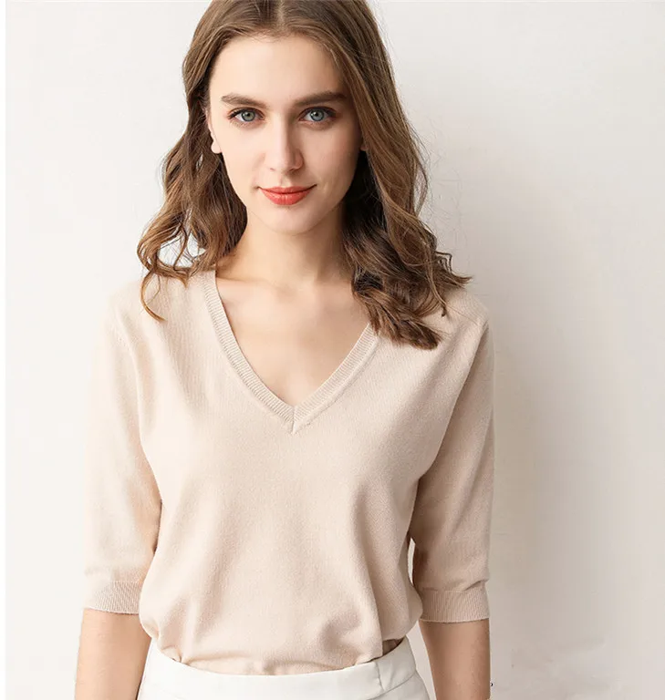 

Spring and summer sweater Korean version Pullover short sleeve knitted cashmere sweater V-collar thin lazy and loose JN771