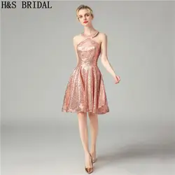 Холтер розовое золото короткое платье невесты блёстки платье подружки невесты по колено Junior es vestidos de festa