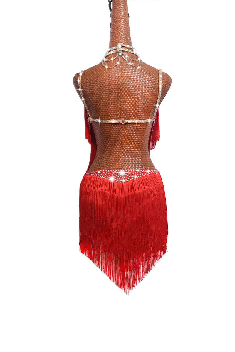 Sparkly Rhinestones Latin Dance Dresses For Women S-L Red Sexy Salsa Fringe Skirt Evening Dress Ballroom Competition Clothes
