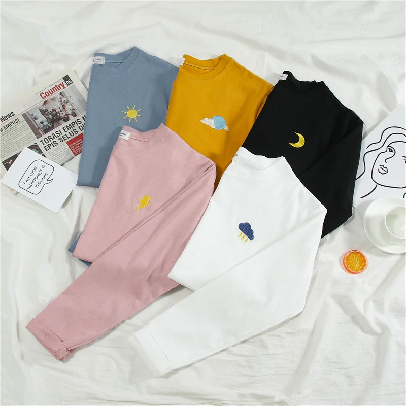 

YouGeMan 2019 New Arrival Women T-shirt Autumn Casual Korean Ulzzang Harajuku Moon Embroidery Long Sleeve T shirt Girls Clothes