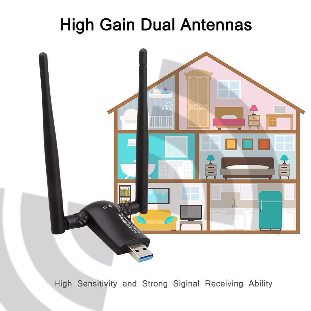 

Wireless USB Wifi Adapter AC1200 Dual Band 2.4G/5.8G High Gain Dual Antennas Network WiFi USB 3.0 for Desktop r30