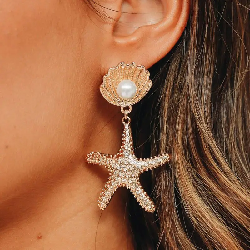 

Women Bohemian Style Gold Starfish Earrings Gold Shell Pearl Drop Earrings For Women Fashion Jewelry