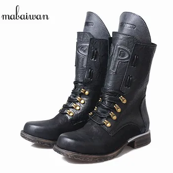 

Mabaiwan New Black Women Shoes Flat Heel Winter Snow Ankle Boots Cowboy Military Genuine Leather Shoes Woman Zipper Short Boots