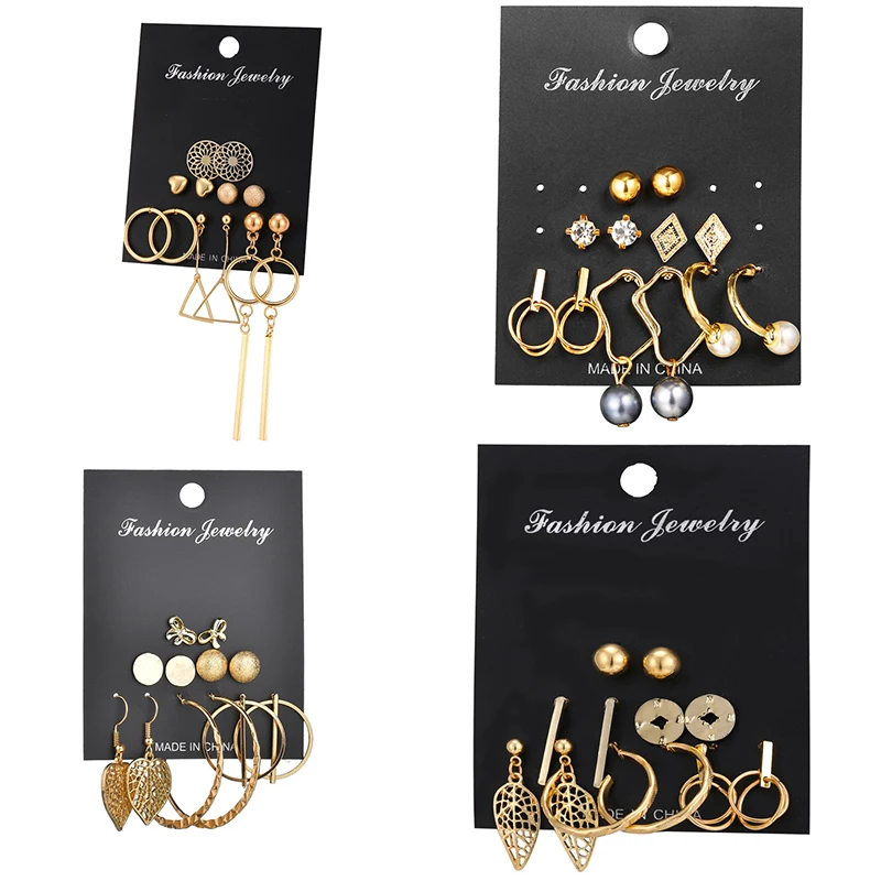 

IF YOU Fashion Geometric Gold Color Stud Earrings Set For Women Girls Metal Elephant Moon Letter Earring Handmade Female Jewelry