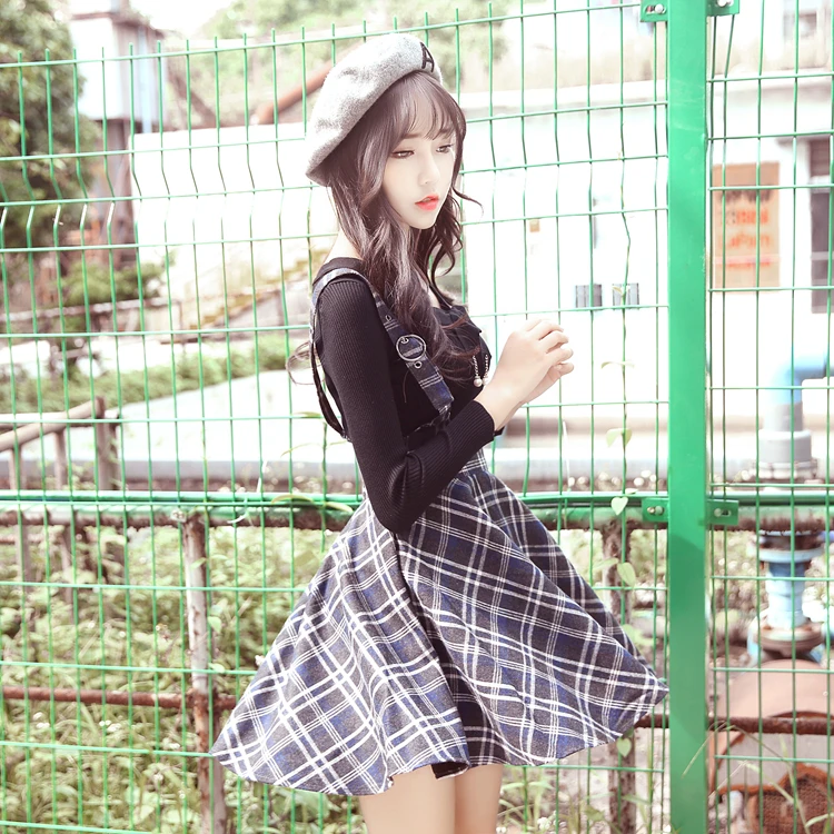 Корейский модный сарафан в клетку юбка осень японский Винтаж Шерсть тонкие юбки в складку колледж Сладкий ремень мини юбки