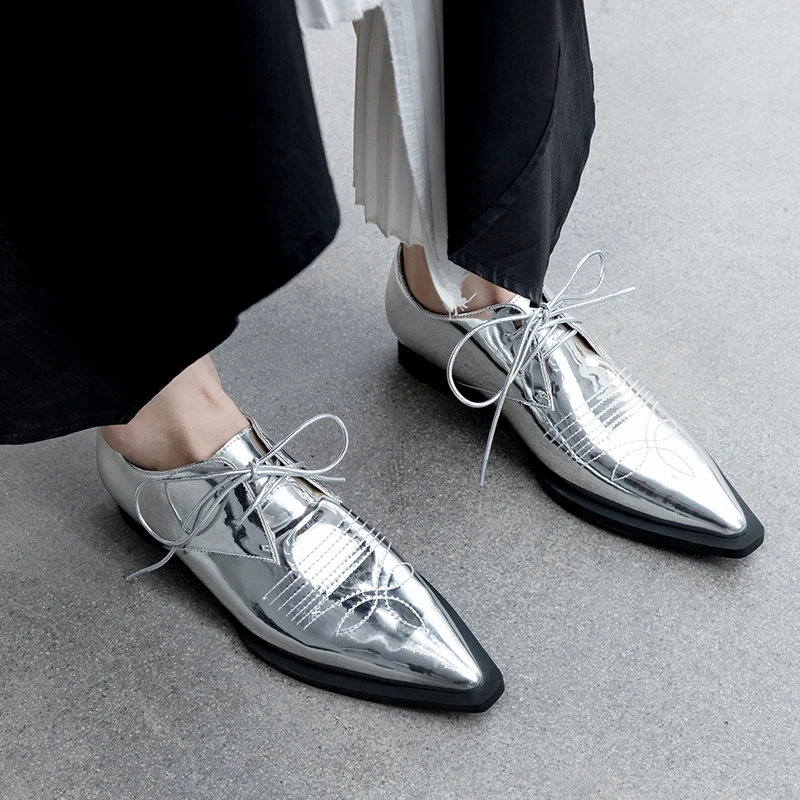 

Women Genuine Leather Oxford Shoes Black Pointed toe Flats Lace Up Brogues Oxfords Shoes Ladies Casual Shoes Footwear