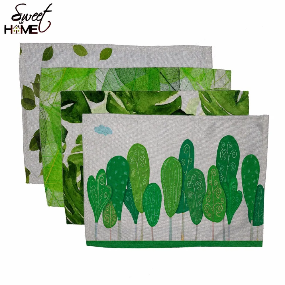 Cotton Linen Green Leaf Printed Table Dishware Place Mats For Dinner