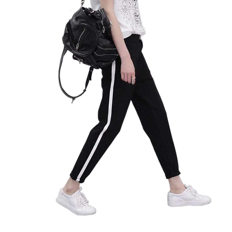 

2017 Top Fashion Women Side Striped Harem Pants Women Black Casual High Waist Pants Drawstring Loose Trousers Pantalon Femme