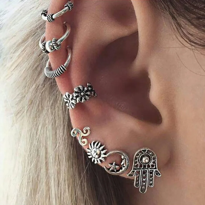 

2019 Europe and America Bohemian Vintage Silver Sun and Moon Earrings Retro Set Earrings 8 Pieces Each Set of Earrings