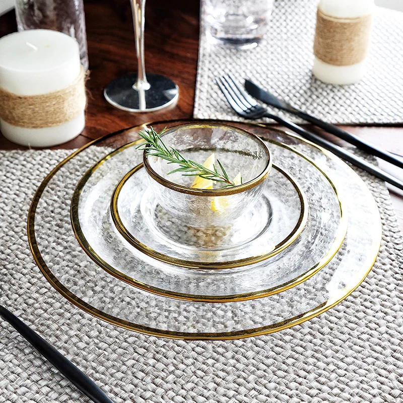 

Luxury Gold Inlay dinnerware plate serving platter Glass snack dish dessert dish cake plate gift set