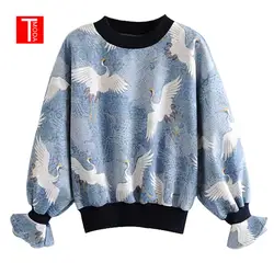 2018 осень новый кран толстовки с капюшоном и принтом Для женщин с рукавом-бабочкой элегантный пуловер Повседневное Большие размеры Свитшот